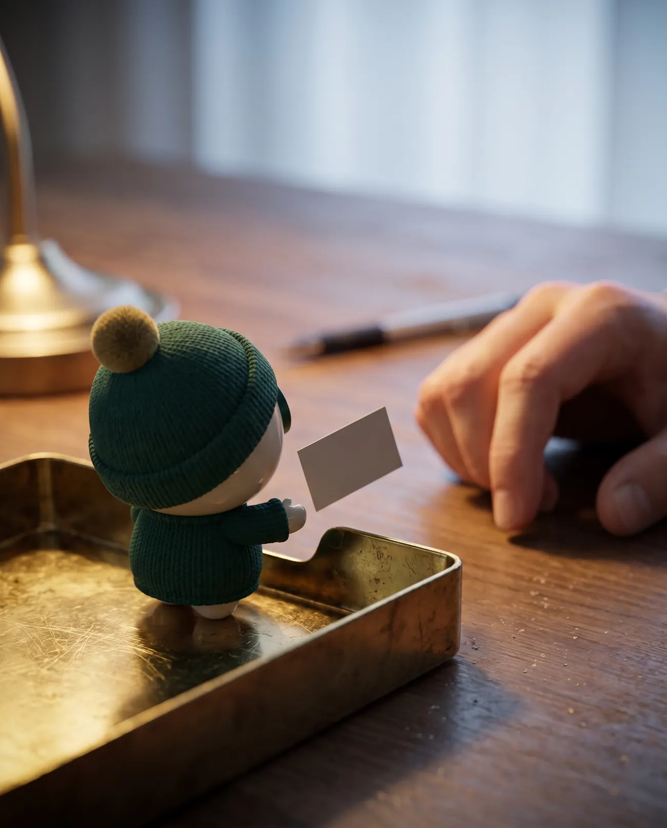 Kai, Aion's own AI agent, handing a card to a person across a desk
